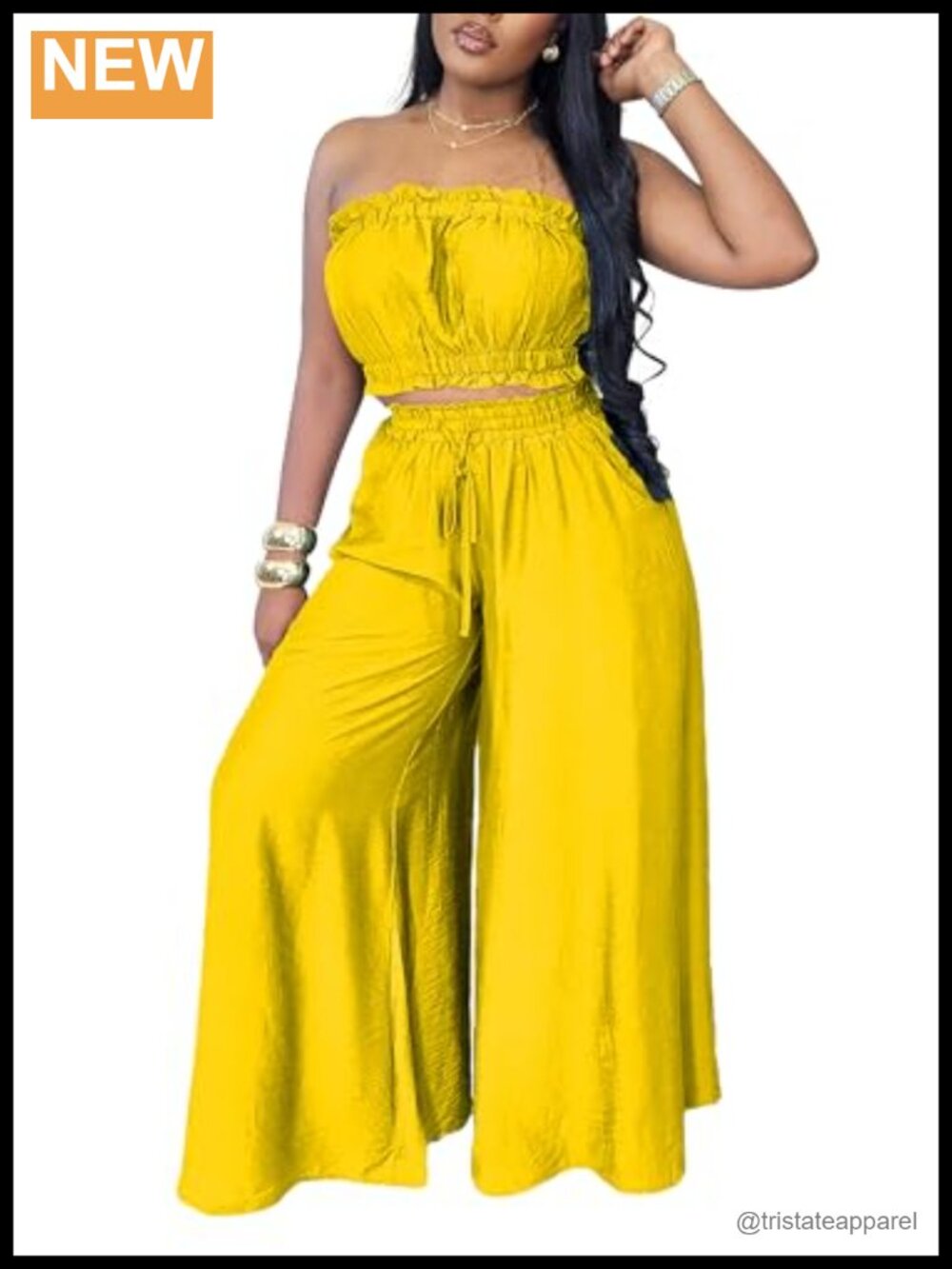 Two Piece Set Ruffle Crop Top Wide Leg Pants Pockets Vacation Outfit